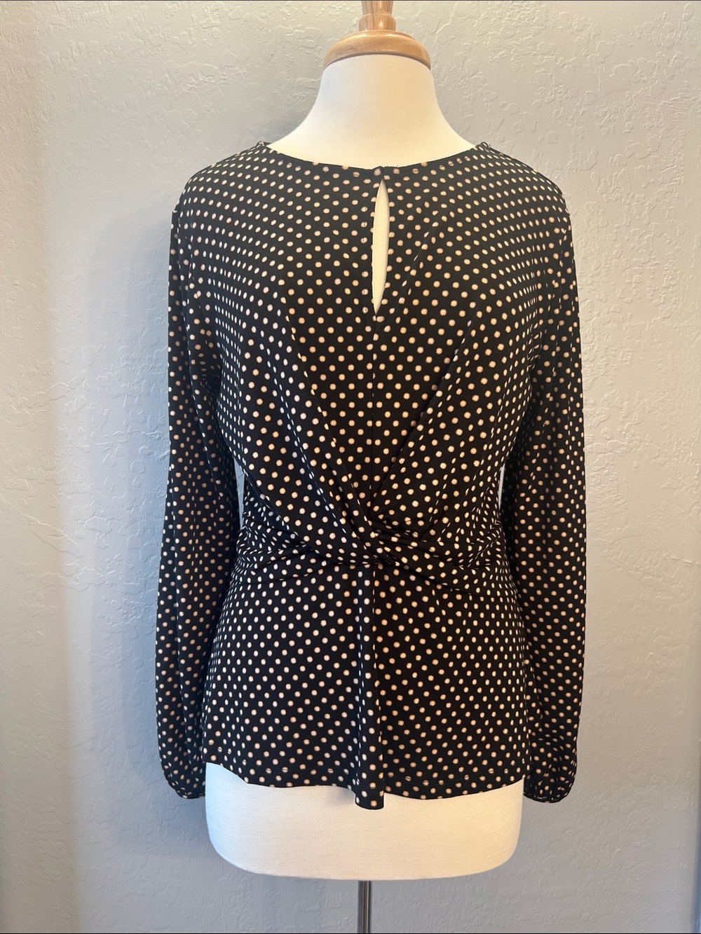 Polka Dot Long Sleeve Peplum Top - Black with Cream Dots
